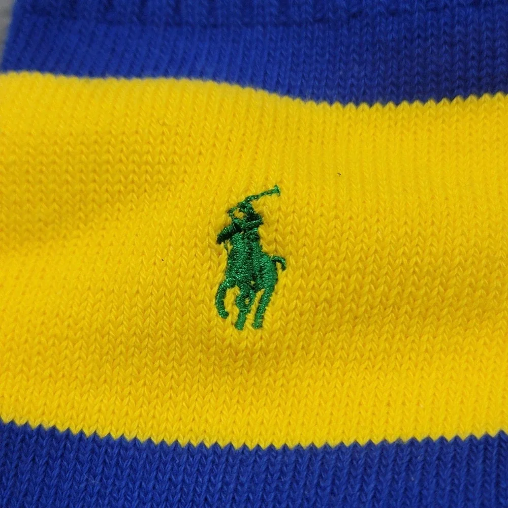 Polo Ralph Lauren Socks Mens 10-13 Blue Yellow Rugby Stripe Pony Crew Mid Calf